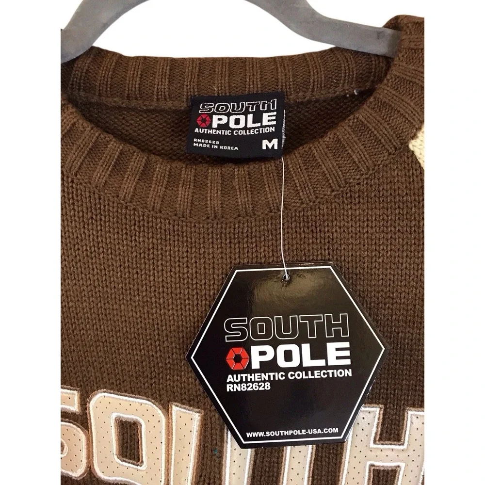 NWT VTG‎ Southpole Men's Crewneck Knit Brown Tan Sweater Embroidered Sz M Y2K